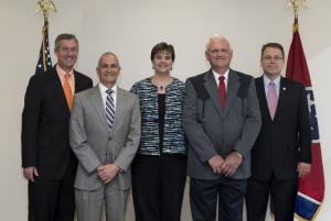 L to R: Secretary Hargett, Davidson County Administrator of Elections Jeff Roberts, Montgomery County Administrator of Elections Elizabeth Black, Moore County Administrator of Elections Jim Sanders and Coordinator of Elections Mark Goins